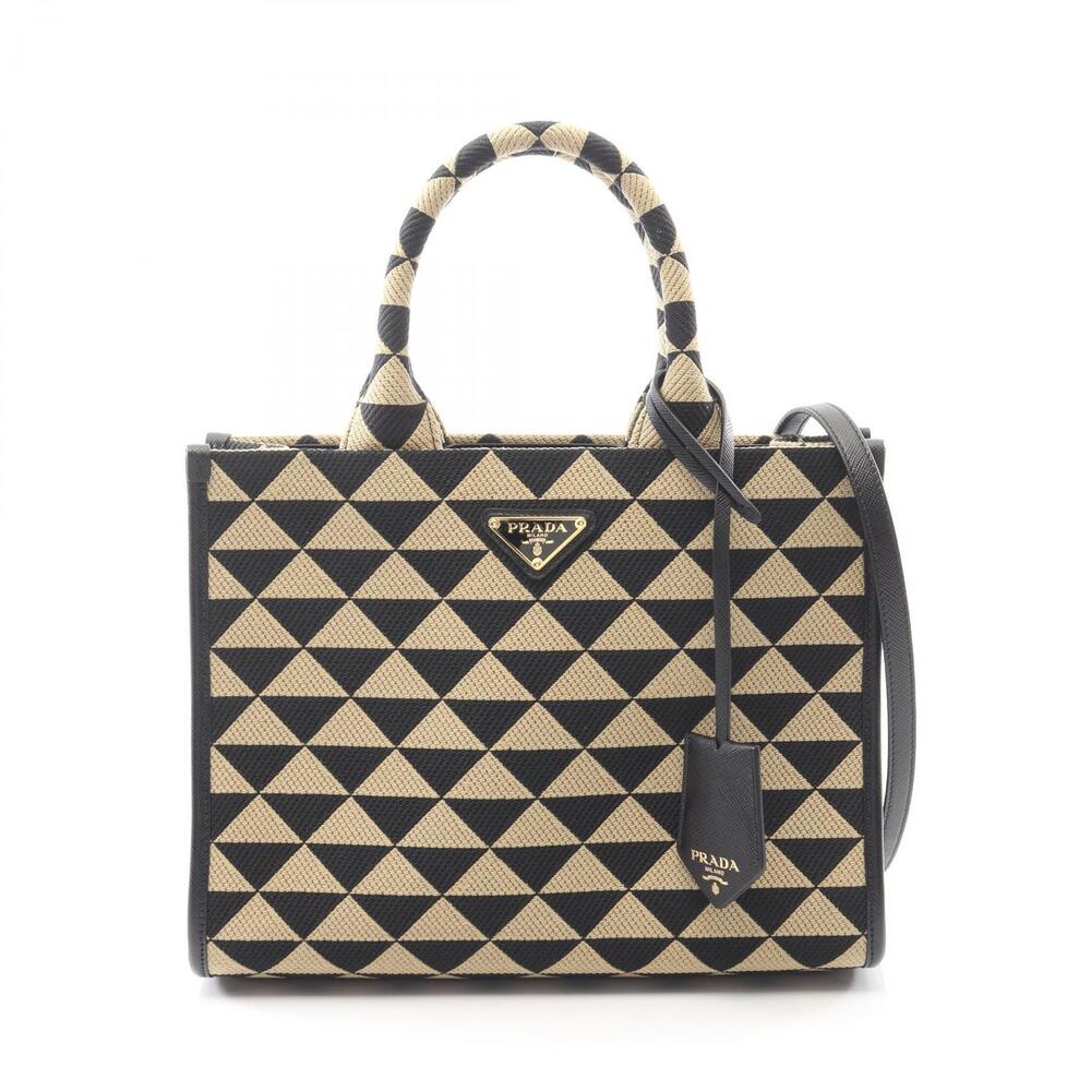 Prada TRIANGOLO JACQUARD Symbol Tote Bag Canvas Saffiano Leather Beige Black